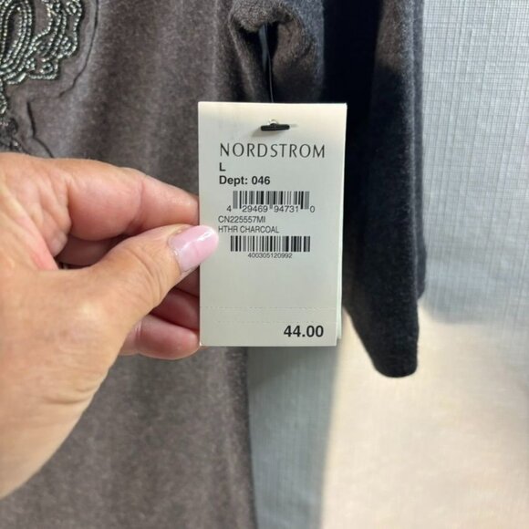 Caslon Womens Charcoal Gray Cotton Embellished Scoop Neck Top L Nordstrom - Picture 3 of 9